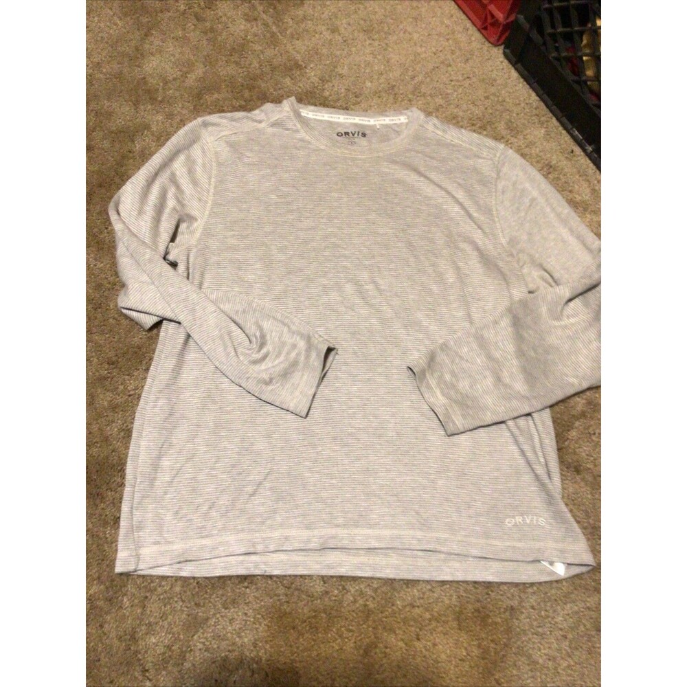 Orvis Mens Sweater Shirt Extra Large Grey White Stripe Crew Neck Long Sleeve